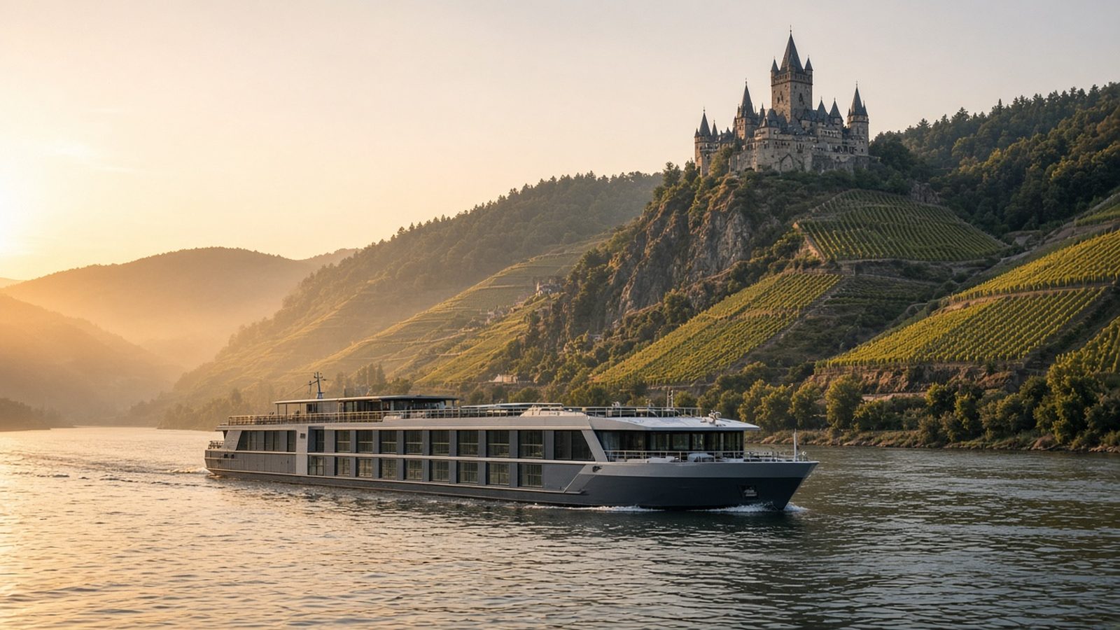 Illustrative image: a river cruise ship sailing past vineyards and a hilltop castle at golden hour (not an actual AmaWaterways ship).