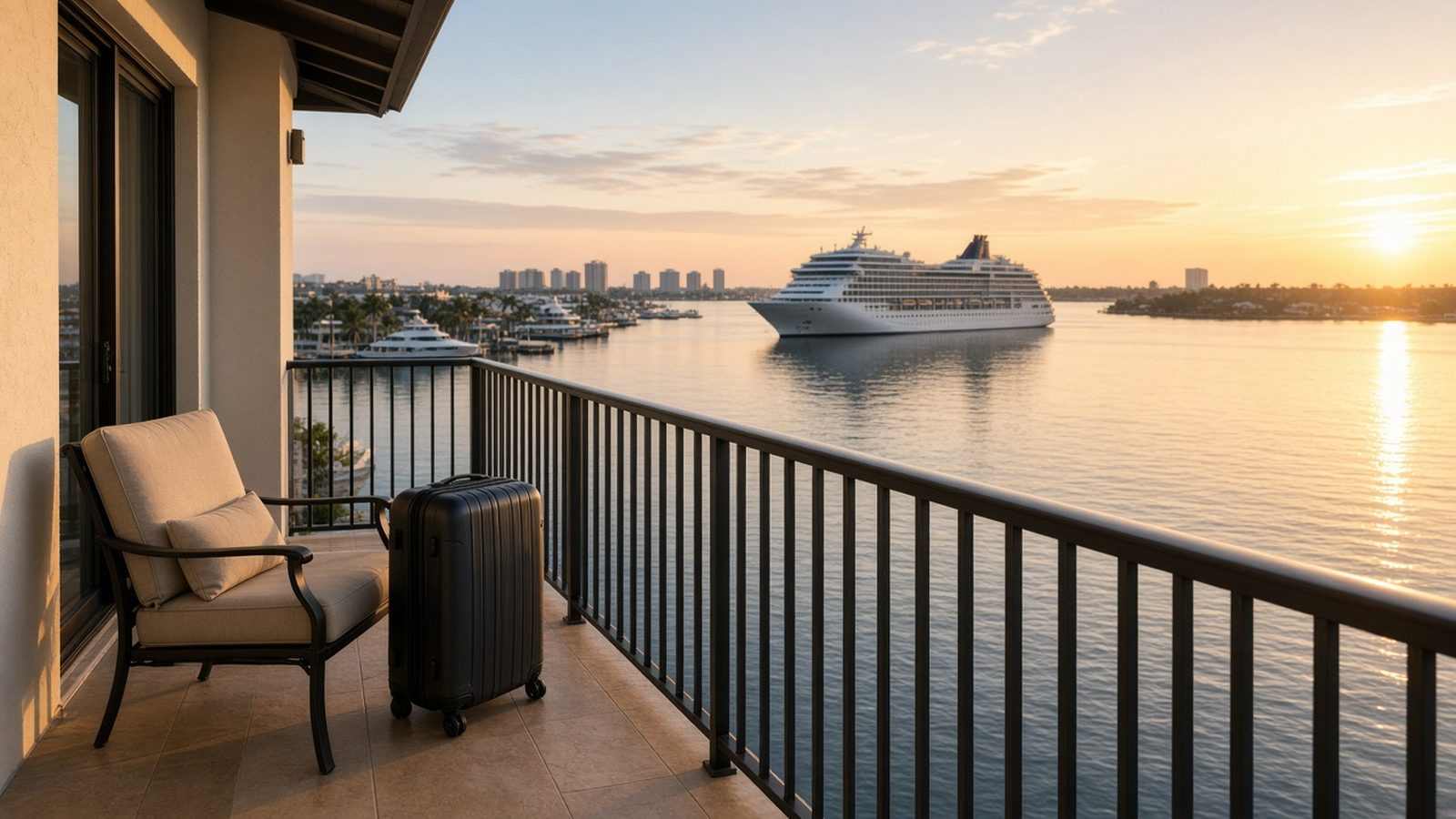 Illustrative image: a hotel balcony with a packed suitcase overlooking a calm Florida harbor and a docked cruise ship at sunrise.