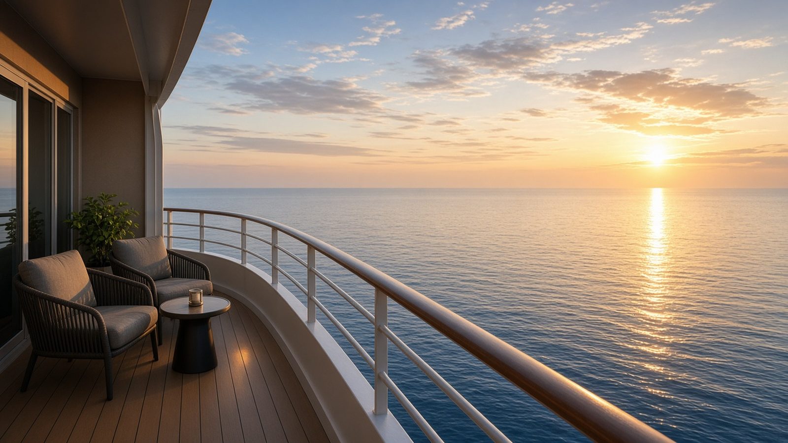 Illustrative image: a private cruise balcony with two lounge chairs overlooking the ocean at sunrise (not an actual ship).