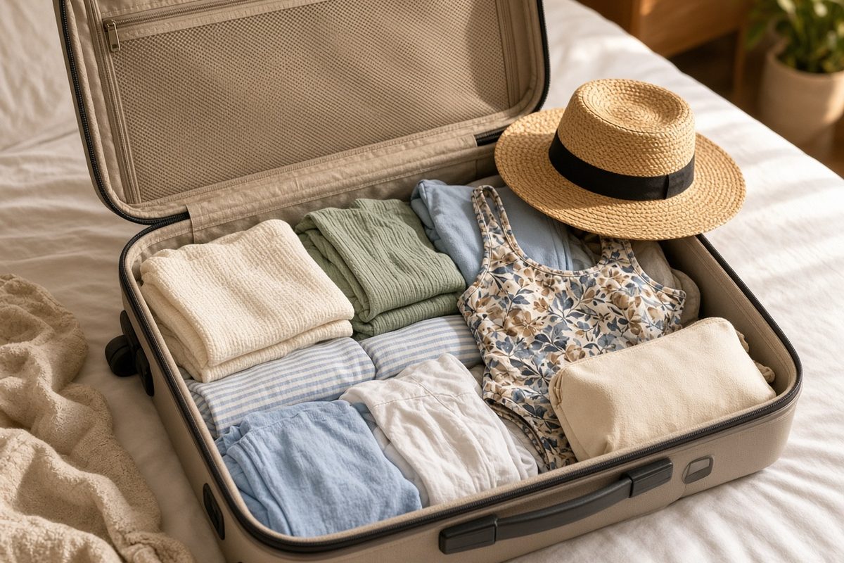 Illustrative image: an open suitcase neatly packed with summer clothes and a straw hat.