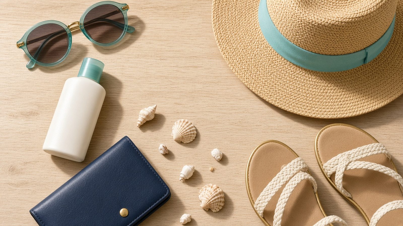 Illustrative image: beach essentials (sunglasses, sun hat, sandals, sunscreen and a travel wallet) laid out on a wooden table.