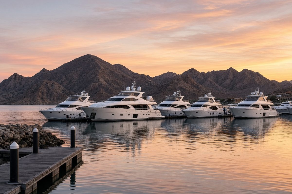 Illustrative image: white yachts in a calm marina below desert mountains at sunset.