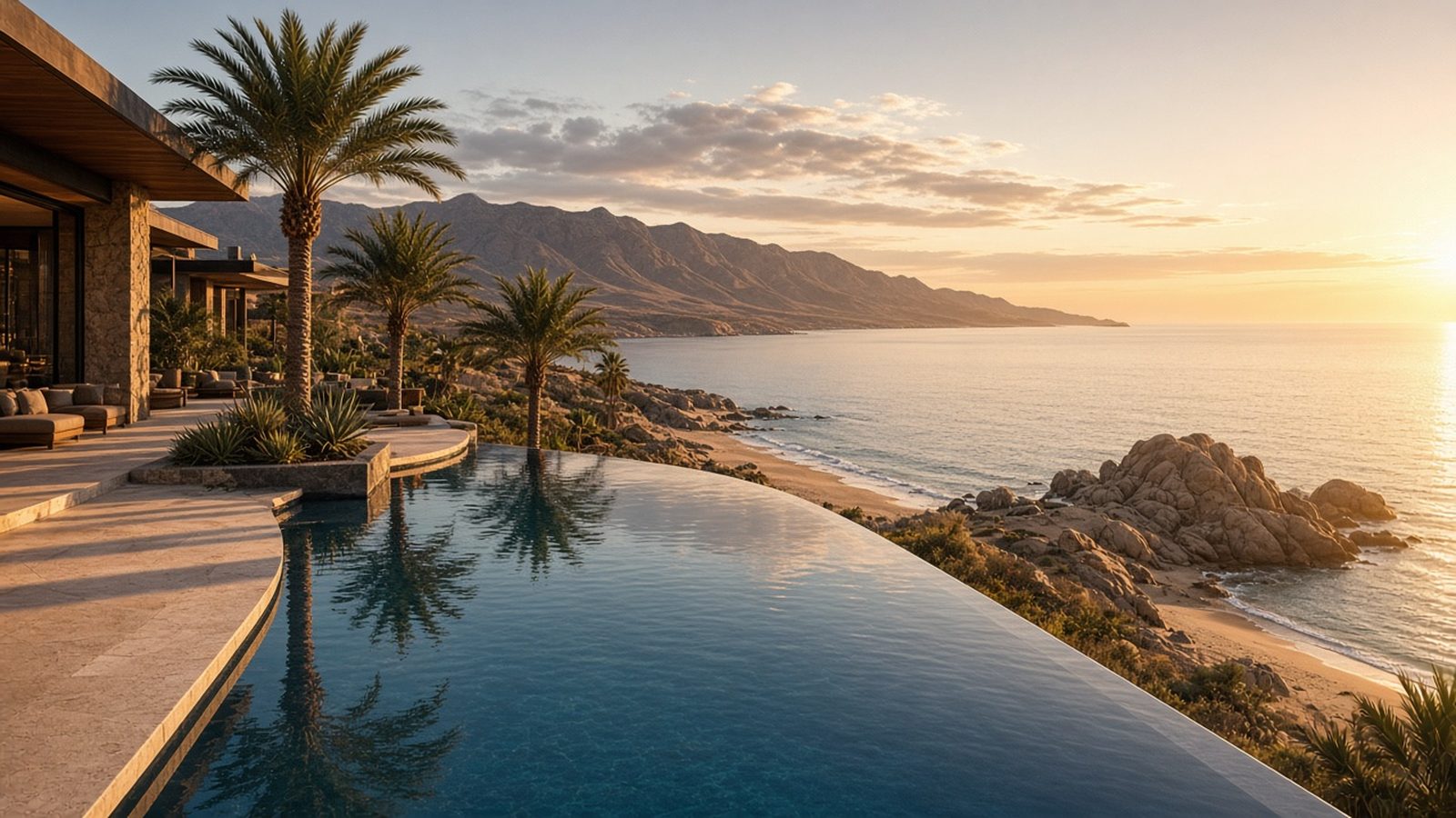 Illustrative image: an infinity pool overlooking a calm Baja beach and desert mountains at golden hour (not the actual Four Seasons resort).