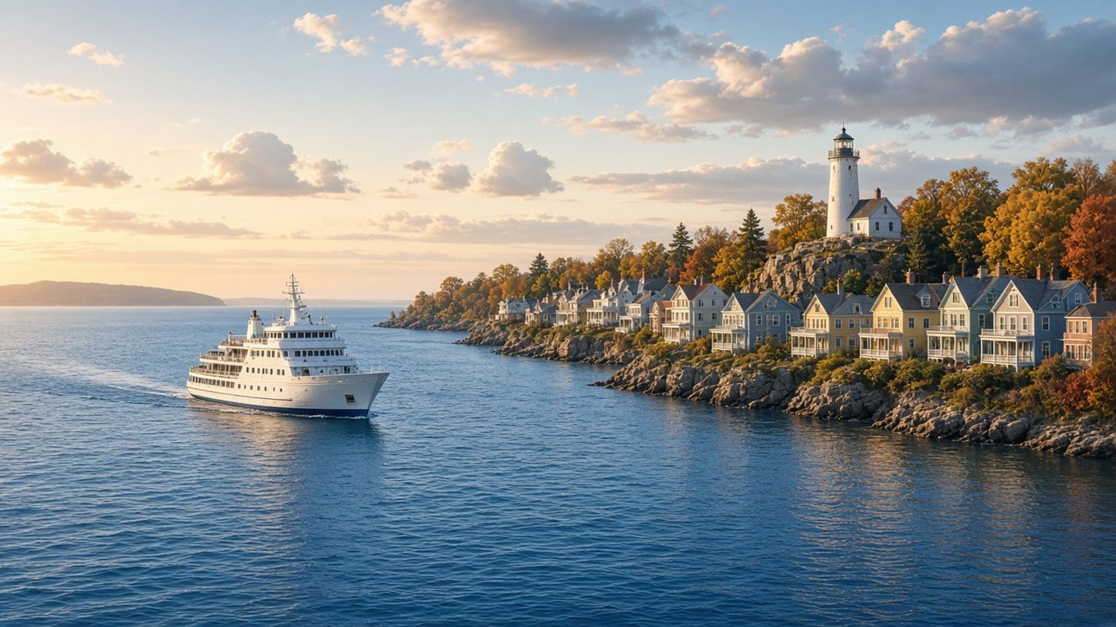 Illustrative image: a small white expedition cruise ship on calm blue water near a Victorian harbor town, white lighthouse and early autumn trees in golden light.