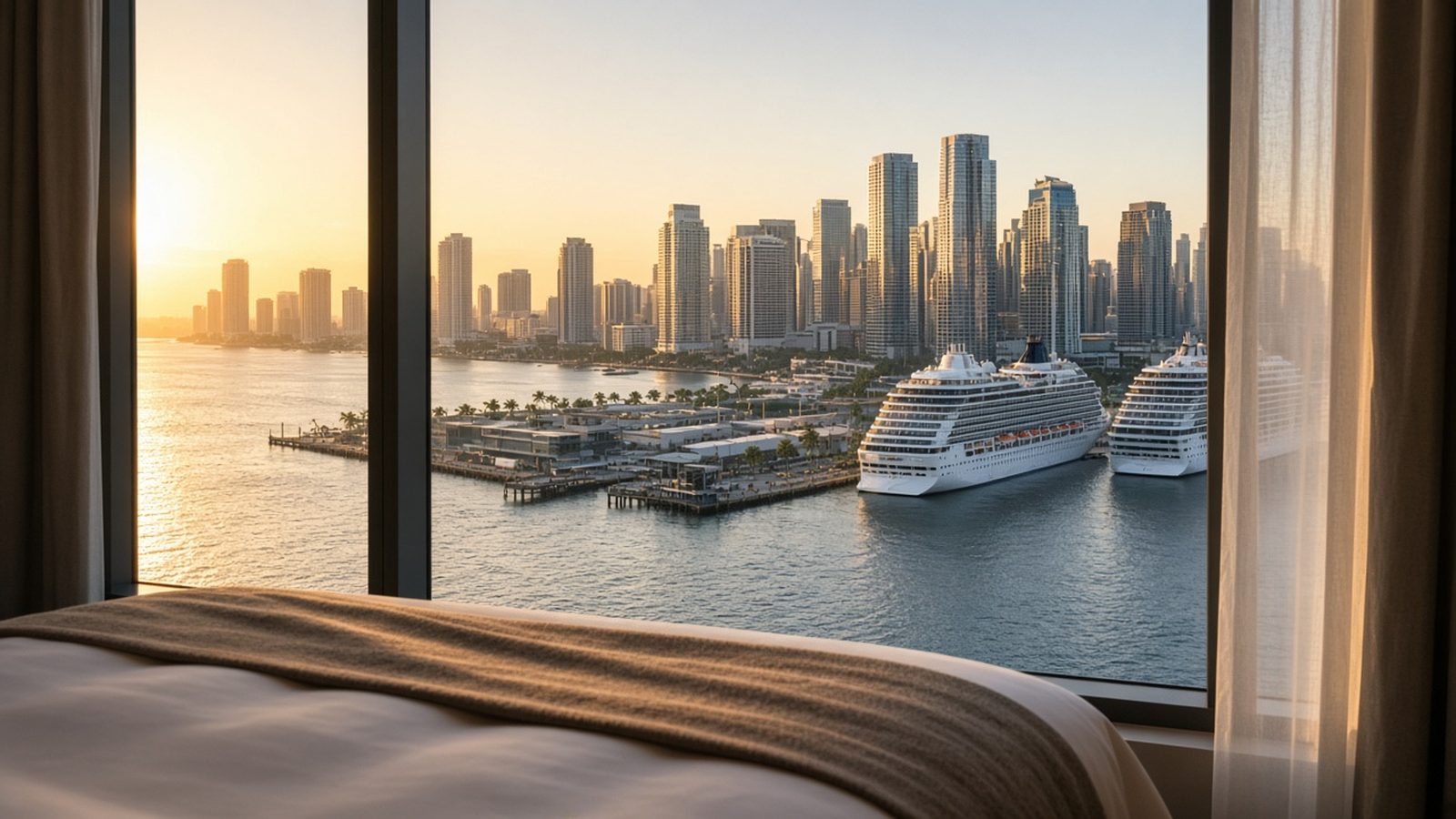 Illustrative image: a hotel room window view of a city skyline and cruise ships at port at golden hour (not an actual hotel, PortMiami or Port Canaveral).