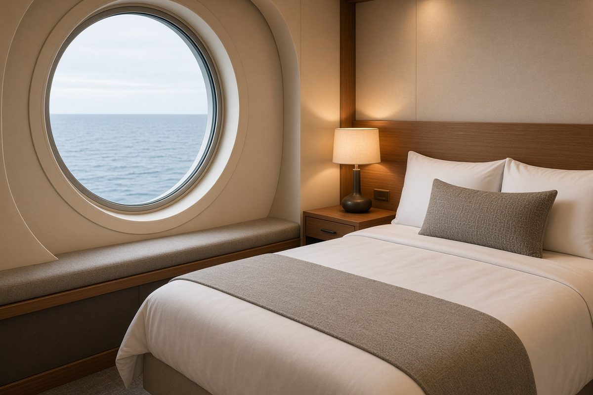 Illustrative image: a cozy ocean-view cabin with a round porthole window.