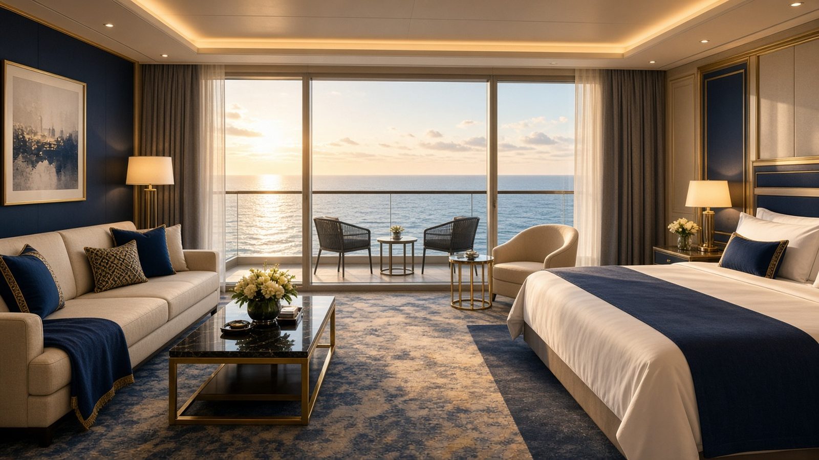Illustrative image: a spacious cruise suite with a sofa, bed and floor-to-ceiling windows to a balcony at sunset.