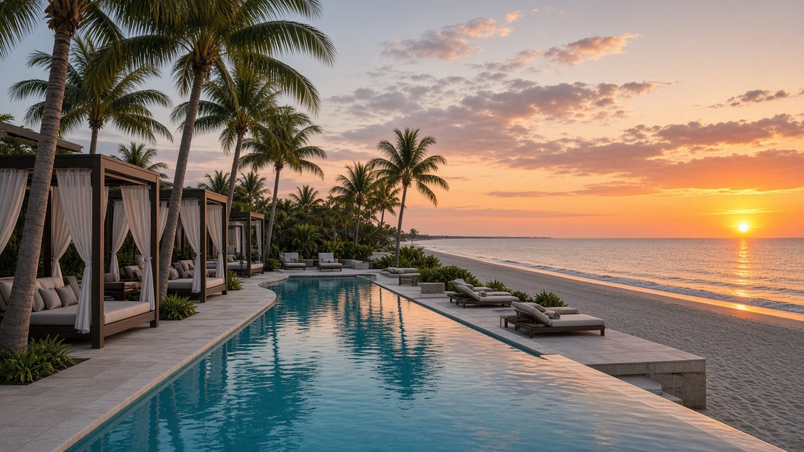 Illustrative image: an oceanfront luxury hotel pool with cabanas and palm trees at sunset (not an actual hotel).