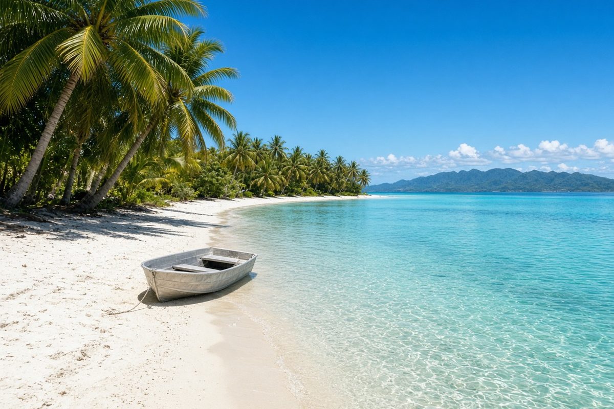 Illustrative image: a palm-lined white-sand motu beach with a small boat on the shore.