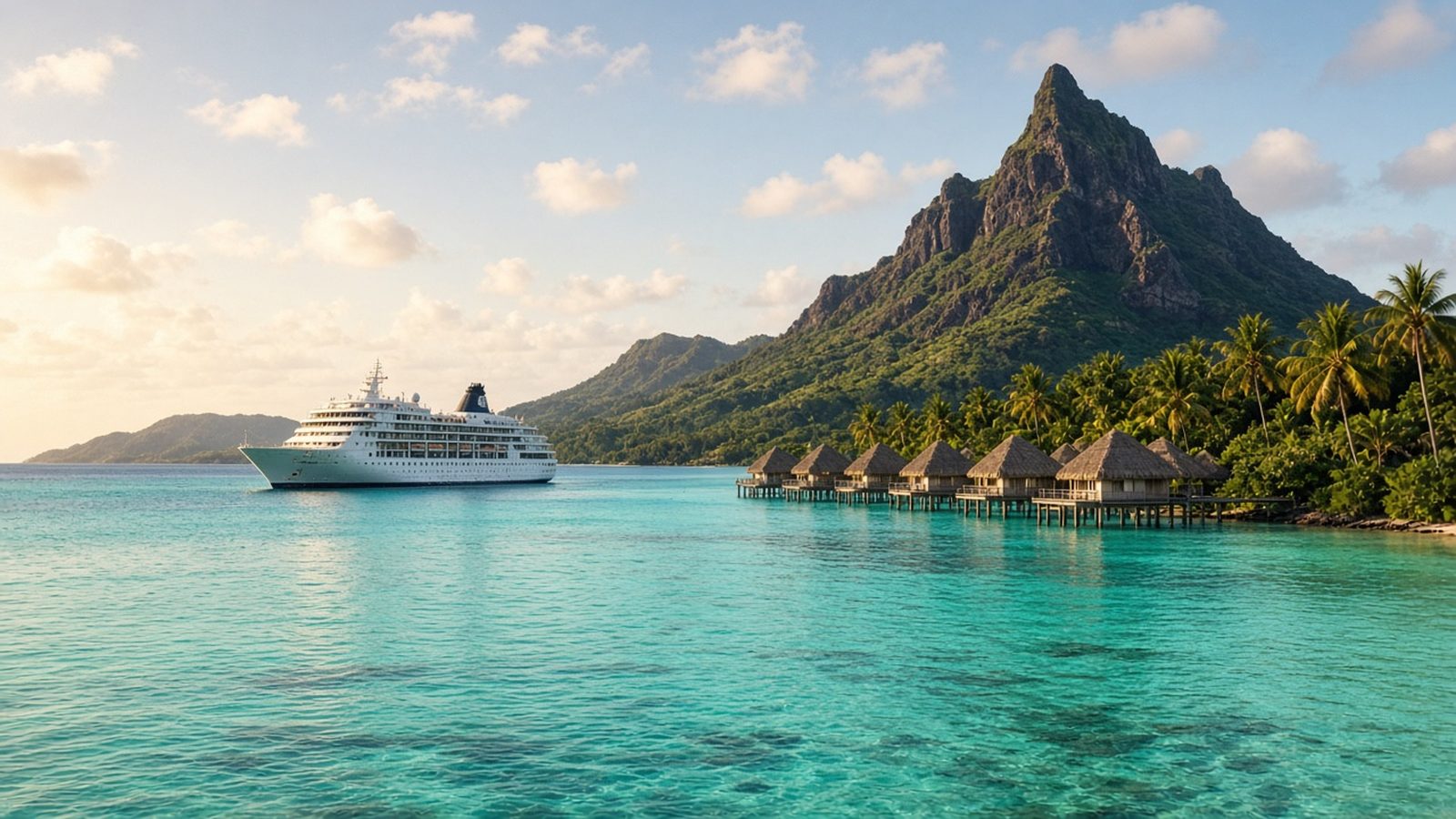 Illustrative image: a small white cruise ship anchored in a turquoise lagoon beside a volcanic peak and overwater bungalows (not the actual ship in this guide).