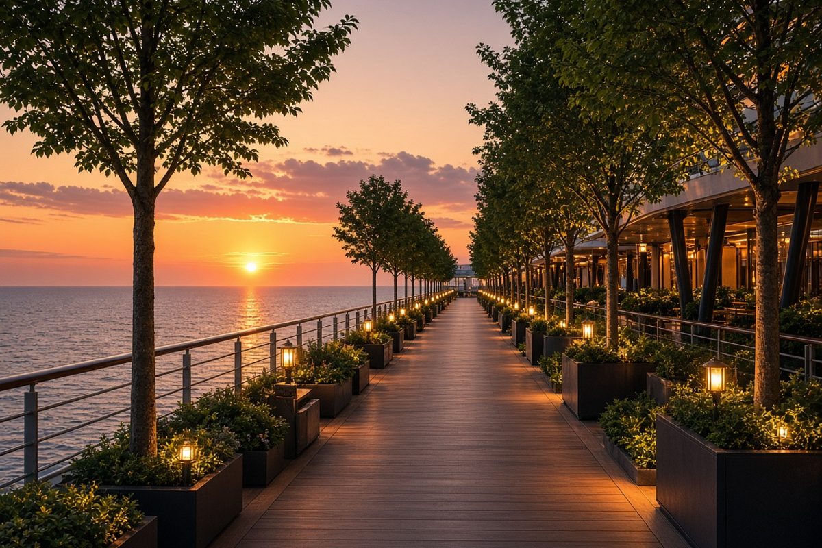 Illustrative image: a tree-lined open-air promenade on a large cruise ship at sunset.