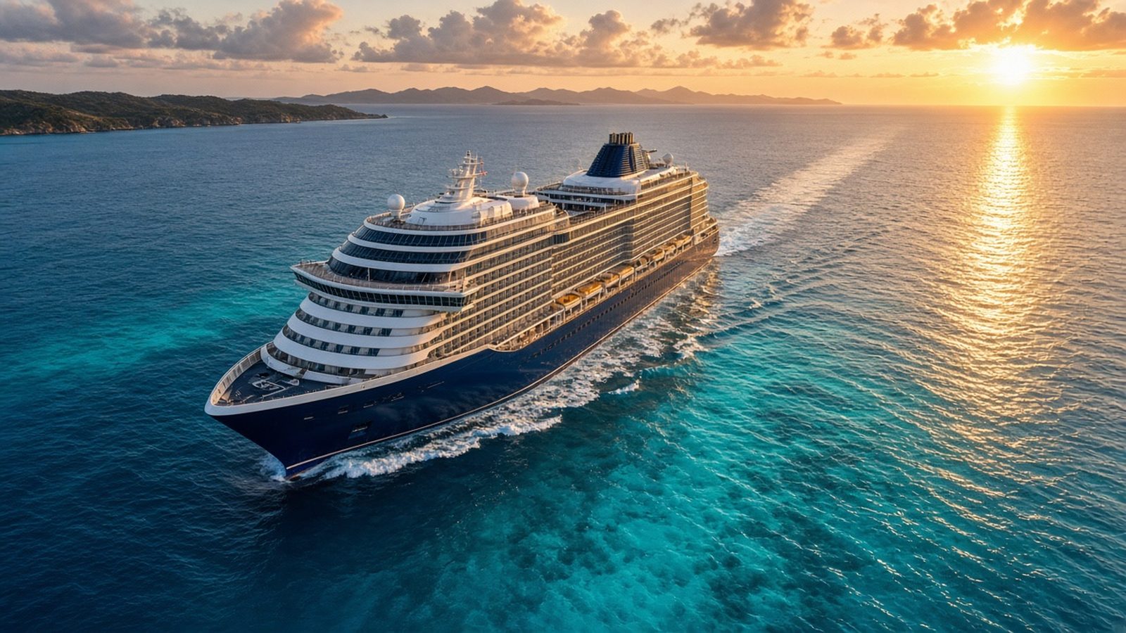 Illustrative image: a large modern cruise ship sailing turquoise Caribbean water at sunset (not the actual Wonder or Oasis of the Seas).