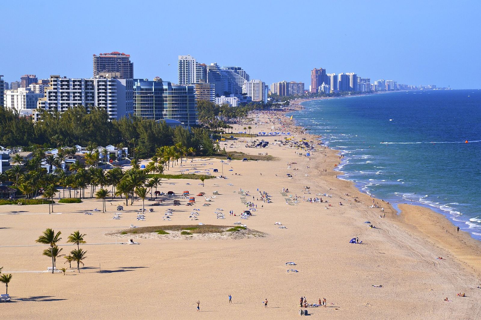 Fort Lauderdale's long sandy beach and palm-lined shore seen from above, with high-rises along the coast