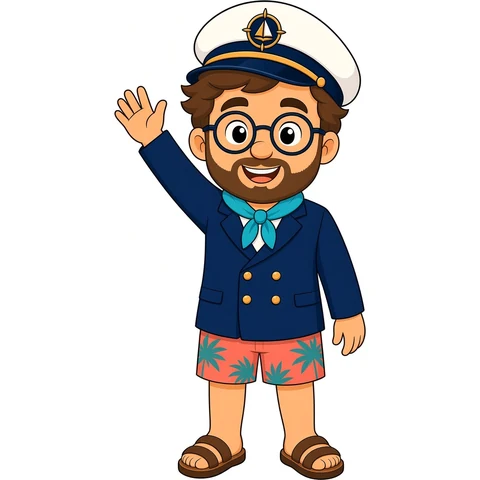 Captain Sail, a cartoon cruise captain mascot, waving