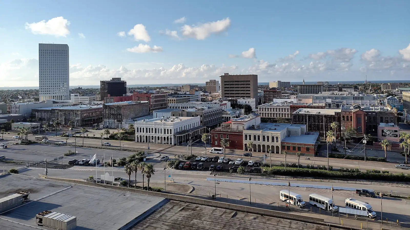 Downtown Galveston, Texas, seen from above near the island port