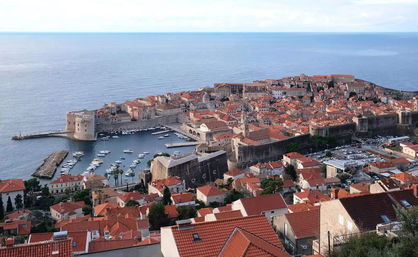 Walled old town of Dubrovnik, Croatia, with red roofs beside the Adriatic Sea