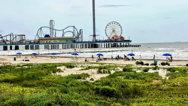 Galveston beach and grassy dunes with an amusement pier in the distance