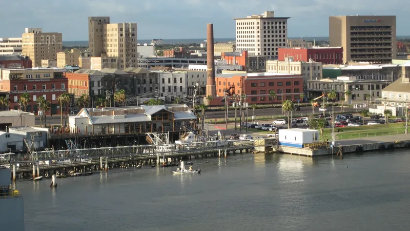 Downtown Galveston, Texas, and its harbor waterfront seen from a cruise ship deck in the late afternoon