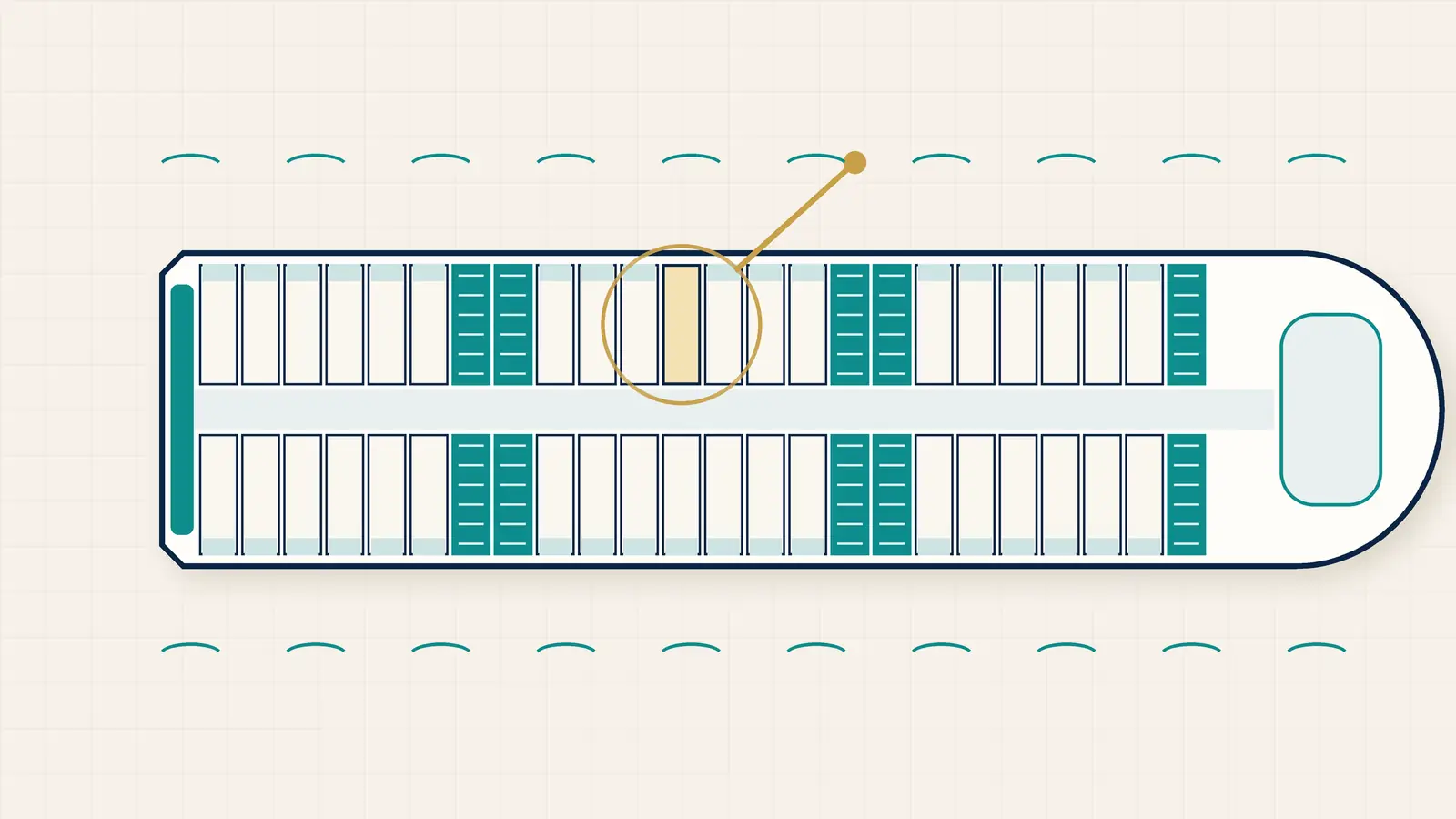Simple cruise deck plan illustration with one stateroom circled in gold