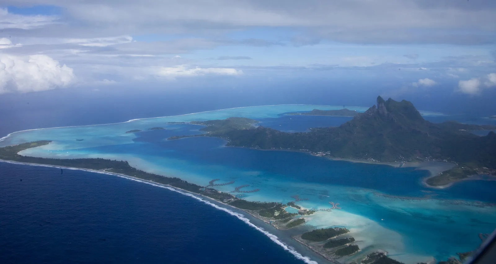 Aerial view of the Bora Bora lagoon and reef in French Polynesia