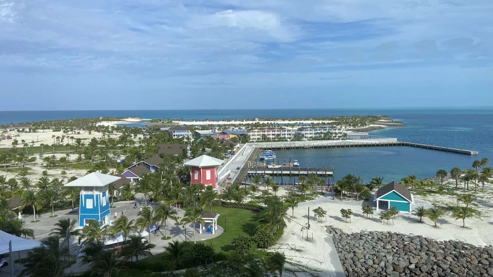 Ocean Cay MSC Marine Reserve village and marina with the lighthouse, Bahamas