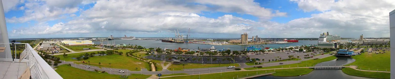 Wide panorama of Port Canaveral, Florida, and its cruise terminals