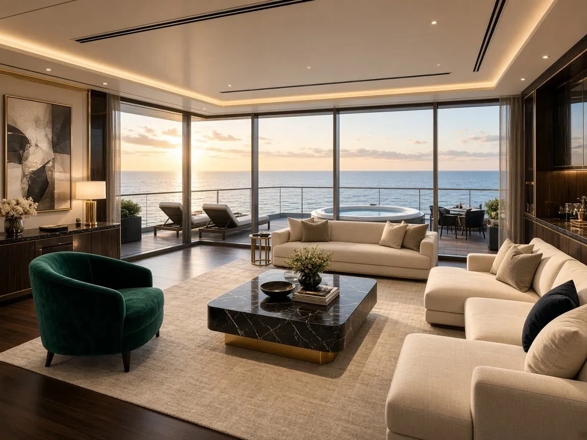 A spacious, bright cruise suite with a sitting area and sea view