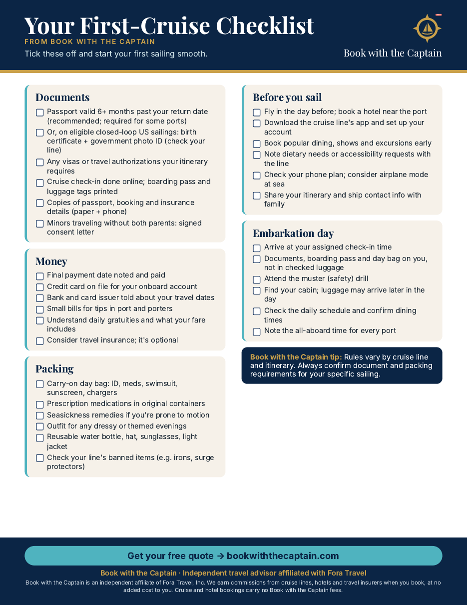 Preview of the one-page First Cruise Checklist